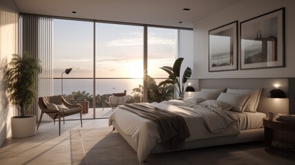 Modern bedroom interior, windows overlooking the infinity Sea. Generative AI Technology 