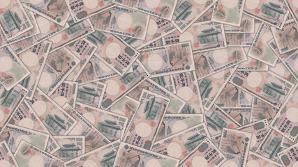 Money illustration. Seamless pattern. Japanese banknotes of 2000 yen are scattered randomly in a mess. Finance of Japan. Wallpaper or background.