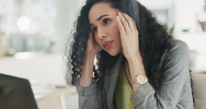 Worry, stress and business woman on laptop with anxious, burnout and online problem in office. Mental health, corporate and female worker working on computer with frustrated, headache and anxiety