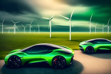  Electric Cars Refueled by Wind Farms. Generative AI. 
