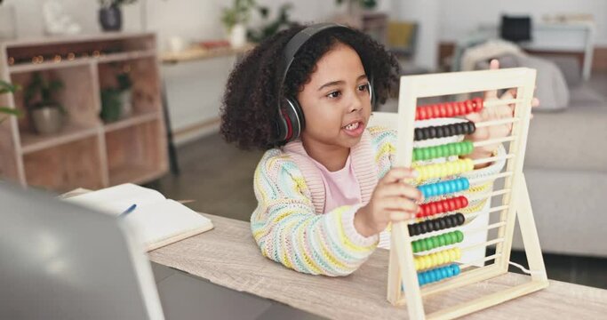 Video call, online education and child on laptop wave hello with headphones, abacus or happy math development. Webinar, e learning and biracial kid at home listening to virtual class for numbers help