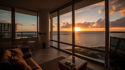Obraz premium Inside a beach condo looking out into the ocean sunsetting reflective lighting. Interior. Generative AI Technology 