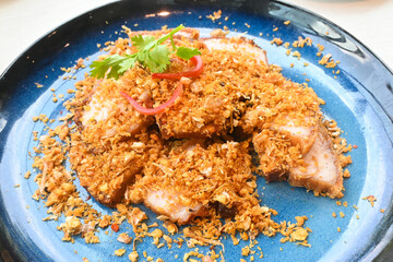 Crispy pork belly cooked with chilli and garlic, ketogenic food.