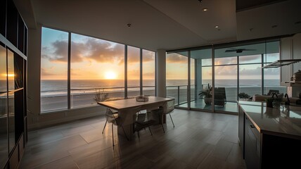 Inside a beach condo looking out into the ocean sunsetting reflective lighting. Interior. Generative AI Technology 