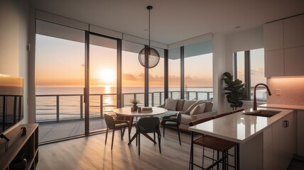Fototapeta na wymiar Inside a beach condo looking out into the ocean sunsetting reflective lighting. Interior. Generative AI Technology 