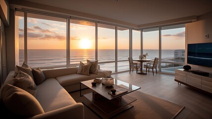 Inside a beach condo looking out into the ocean sunsetting reflective lighting. Interior. Generative AI Technology 