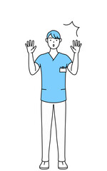 驚いて手を上げる男性看護師、理学療法士、作業療法士、言語聴覚士、看護助手