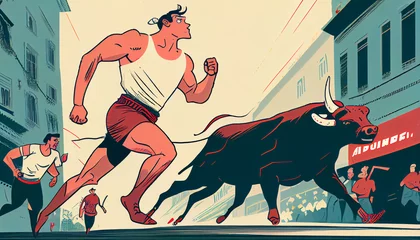 Foto op Canvas Running of the bulls festival Illustration. Generative AI © KORJUDZ