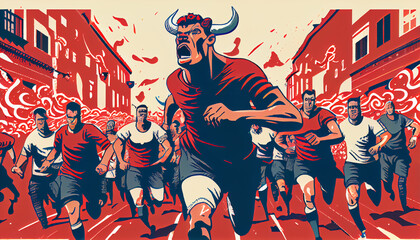 Running of the bulls festival Illustration. Generative AI