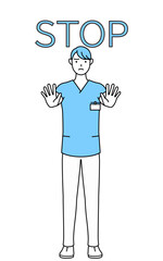 ストップの合図、体の前に手を突き出す男性看護師、理学療法士、作業療法士、言語聴覚士、看護助手