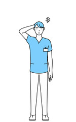 困って頭をかく男性看護師、理学療法士、作業療法士、言語聴覚士、看護助手