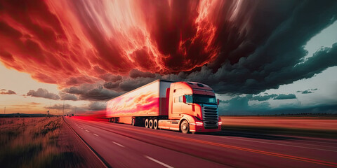 Fototapeta na wymiar Large truck driving on highway blurs scenery - Generative AI