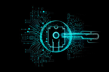 Illustration and background neon of cyber security data protection shield, with key lock security system, technology digital. Front view. Concept of database security software. Generative AI.
