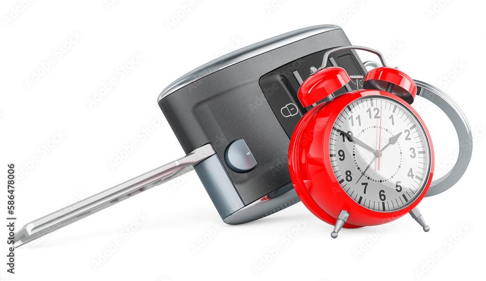 Poster car key with alarm clock, 3d rendering