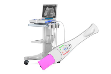 Pregnancy test positive with portable medical ultrasound diagnostic machine, scanner. 3D rendering