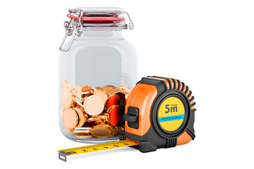 Tape measure with glass jar full of golden coins, 3D rendering
