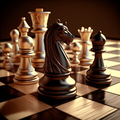 The concept of strategic decisions and strategic moves in chess on a dark background, a chessboard with pieces. Generative AI.