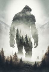 Bigfoot with double exposure mountain forest fog created with Generative AI