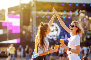 Two young woman  with beer at music festival. Beach party, summer holiday