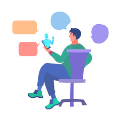 AI（人工知能）とスマートフォンを使って話す男性。フラットなベクターイラスト。 A man using AI (Artificial Intelligence) and a smartphone to talk. Flat designed vector illustration.