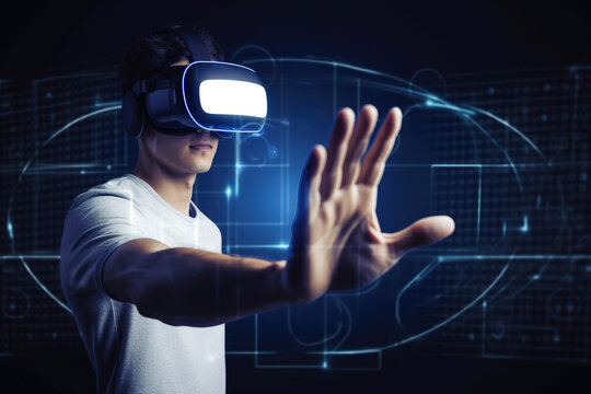 a man wearing a virtual reality headset touching the virtual object on blue tech background. Created with Generative AI Technology
