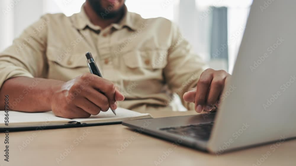 Poster hands, laptop and a man writing in a notebook while sitting at his desk, working on a schedule in th