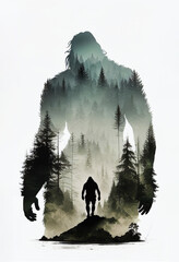 Bigfoot with double exposure mountain forest fog created with Generative AI