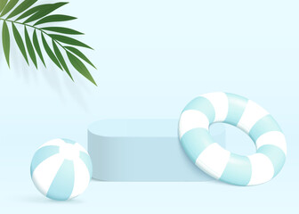 Summer 3d blue background with a product podium and swim ring.