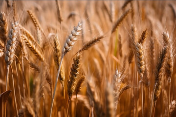 Fototapeta premium Wheat field. Ears of golden wheat close up. Beautiful Rural Scenery under Shining Sunlight and blue sky. Background of ripening ears of meadow wheat field. Generative AI.