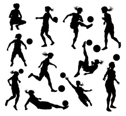 A set of female soccer football player women silhouettes