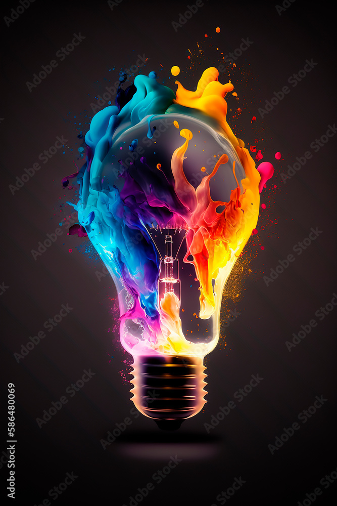 Poster colorful bulb lamp. light bulb explodes with colorful paint and splashes isolated on black. colours 