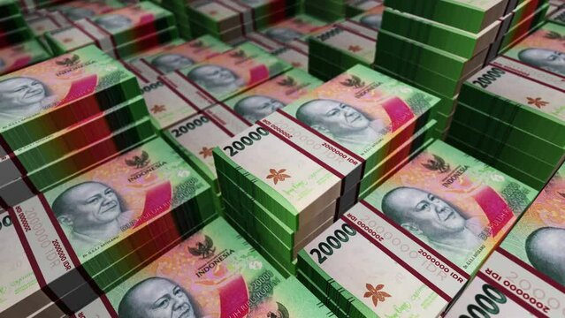 Indonesian Rupiah 20000 IDR banknote pack pile loop. Flying over money stack Indonesia note. 3D Abstract concept of business, economy, finance, crisis and banking. Seamless looped.