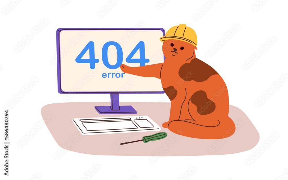 Leinwandbilder 404 error, Page not Found mistake on computer, access failure concept. Cute cat, web-site connection problem, unloaded internet webpage. Flat graphic vector illustration isolated on white background