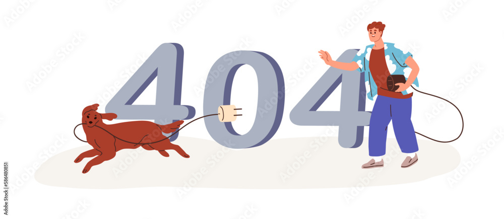Poster 404, Page not Found error, access failure, internet disconnection concept. Wrong web-site problem, funny unloaded webpage design. Flat graphic vector illustration isolated on white background