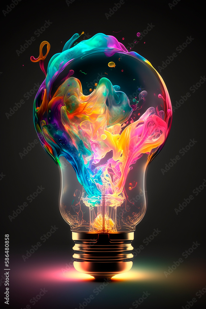 Poster colorful bulb lamp. light bulb explodes with colorful paint and splashes isolated on black. colours 
