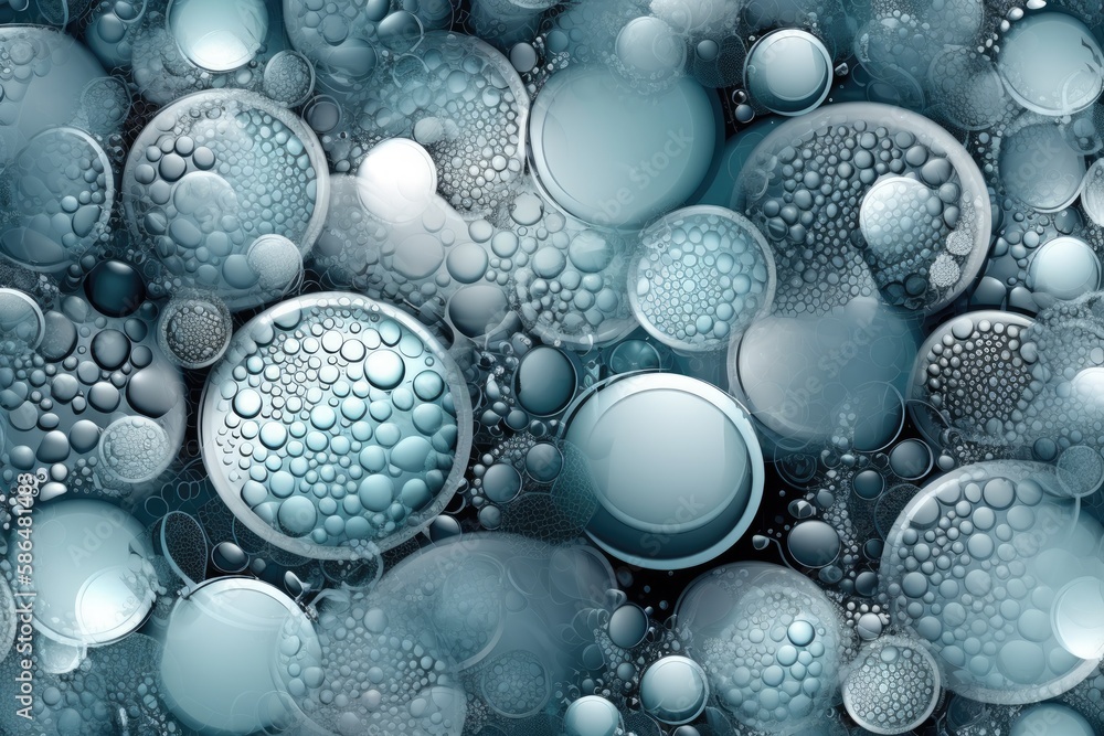 Poster various sized bubbles floating together in a colorful display. generative ai
