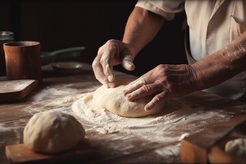 Fototapeta premium An old man is kneading a dough for cooking bread. Generative ai