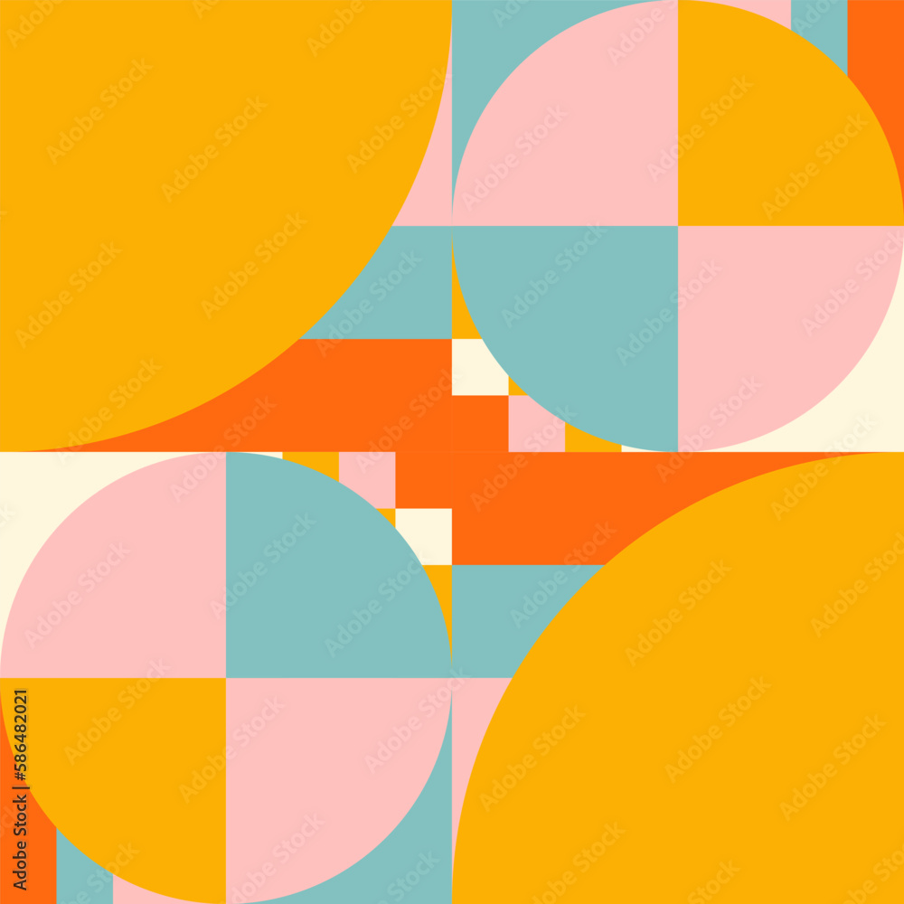 Poster Simple geometric seamless pattern. Modern abstract background with circle, semi circle, square, rectangle stripe shapes in pastel colors.