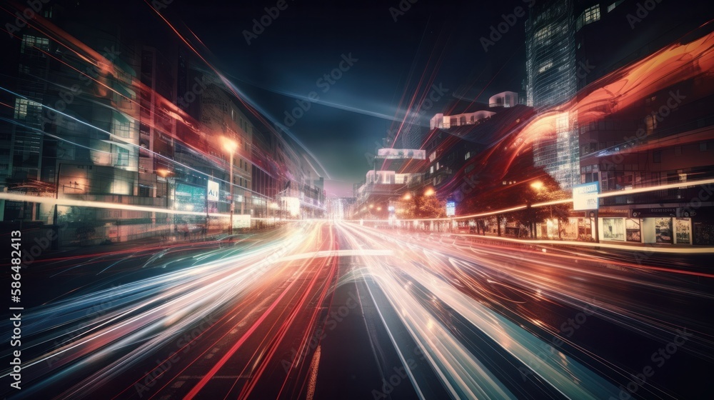 Poster Illustration showing hyperloop speed warp with smeared lights from a megacity at night. Generative AI