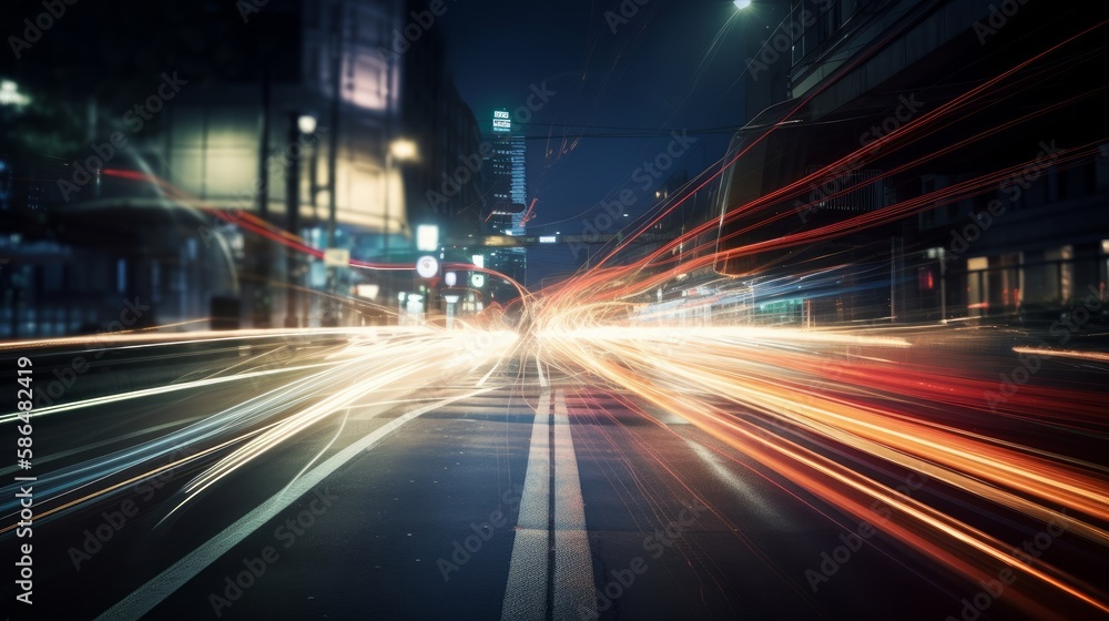 Poster Illustration showing hyperloop speed warp with smeared lights from a megacity at night. Generative AI