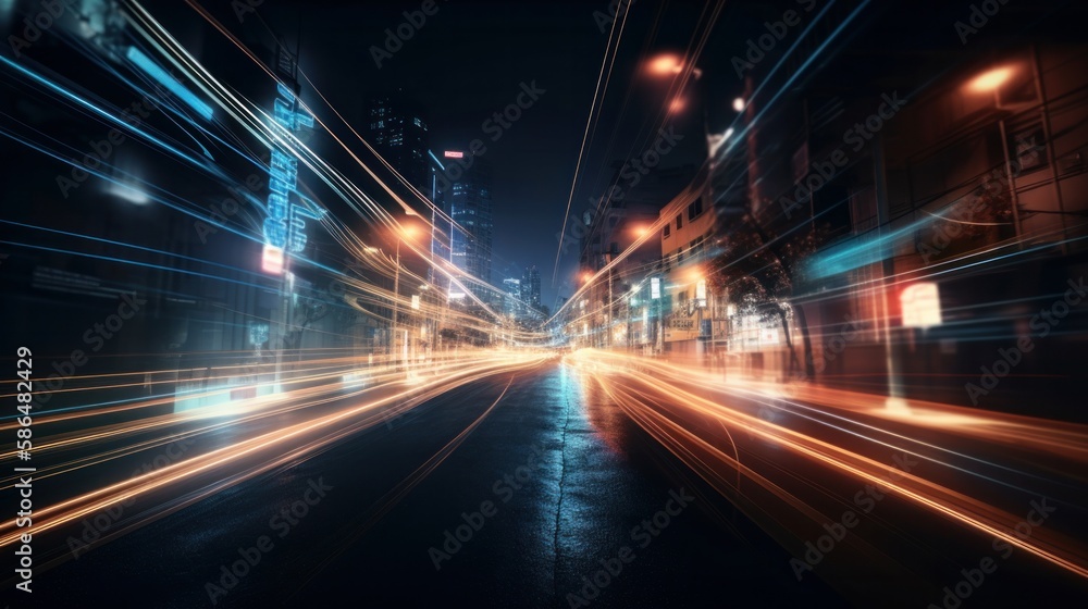 Poster Illustration showing hyperloop speed warp with smeared lights from a megacity at night. Generative AI