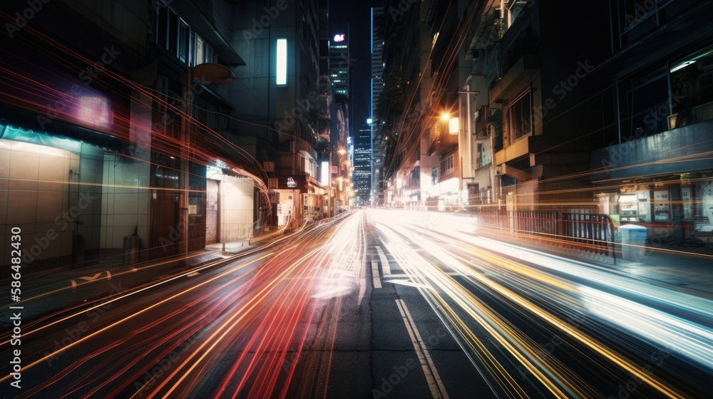 Poster Illustration showing hyperloop speed warp with smeared lights from a megacity at night. Generative AI