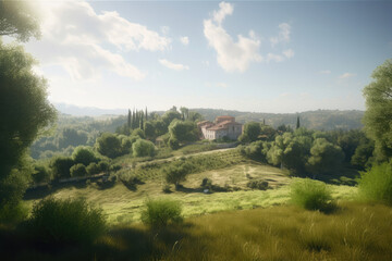 Fototapeta na wymiar Italian toscana countryside, green hills, peaceful landscape. Ai generative