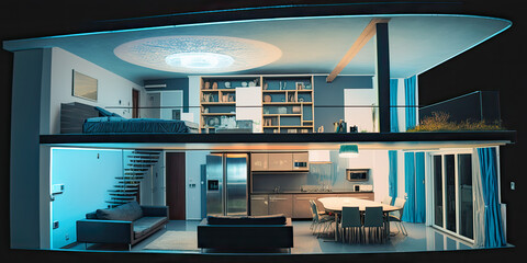 Modern home cross-section at night. Beautiful lighting design - Generative AI