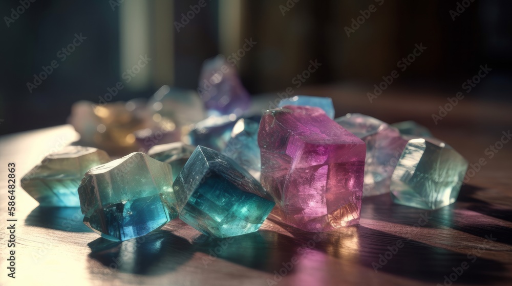 Poster beautiful multi-colored fluorite crystals laying on table, created with generative ai