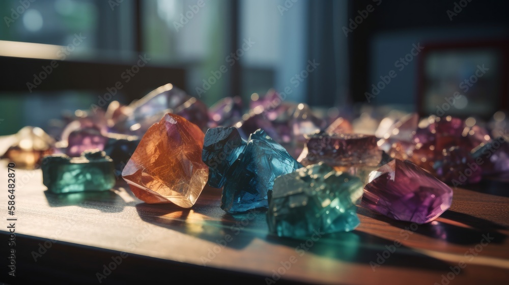 Poster beautiful multi-colored fluorite crystals laying on table, created with generative ai