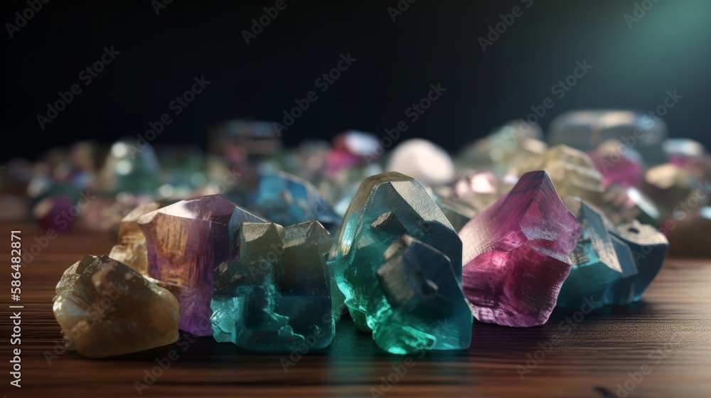 Poster beautiful multi-colored fluorite crystals laying on table, created with generative ai