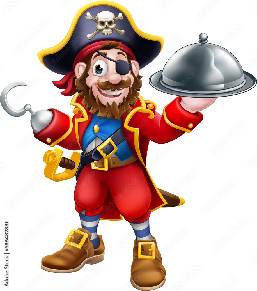 Sticker pirate captain cartoon chef and food plate platter