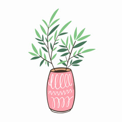 Pink home pot with green plant outline style vector illustration.