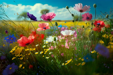 Floral field of bright spring plants of different colors, summer meadow landscape with flowers and blue sky sun. Generative AI.